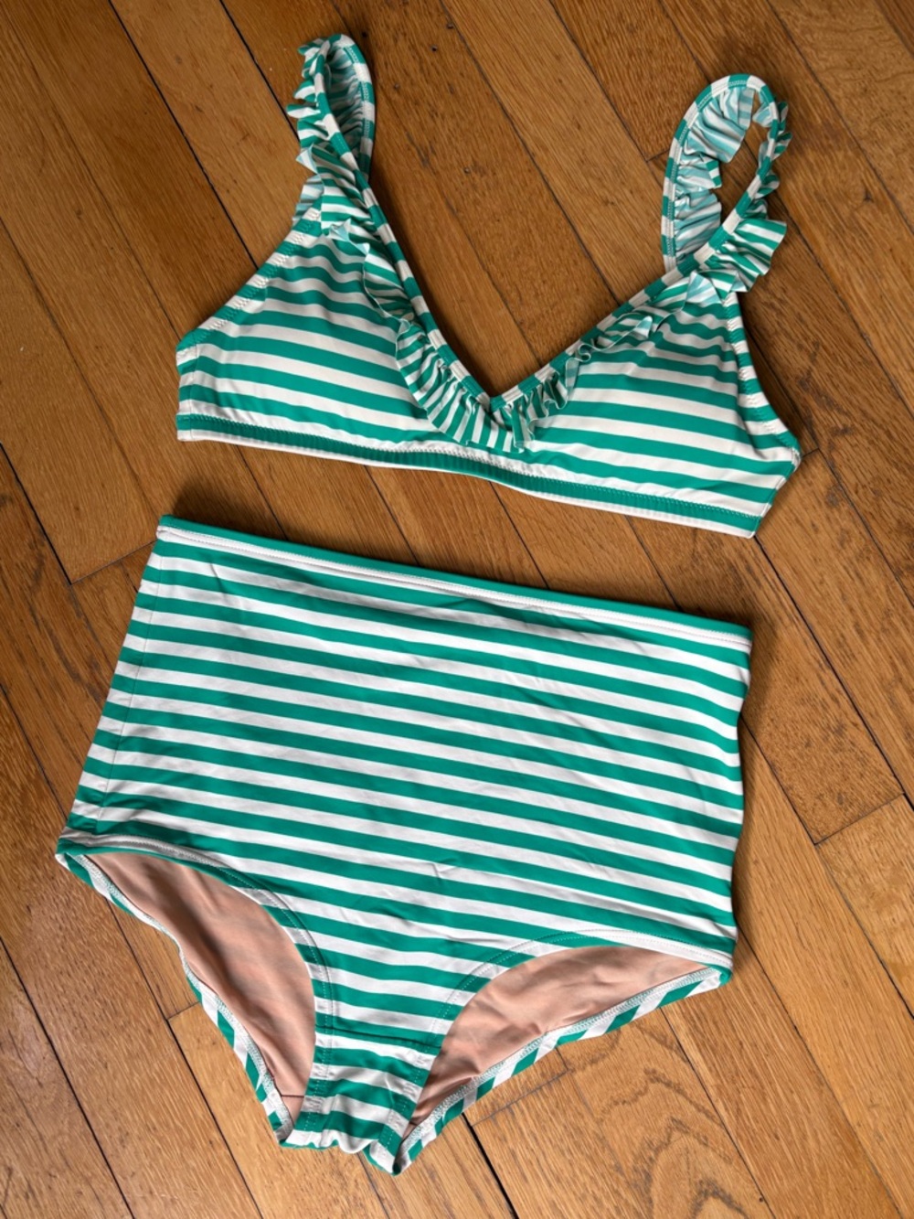 JCrew Women’s Green and White Striped High-Waisted Two-Piece Swim Set